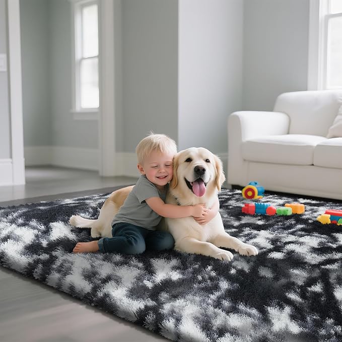 Fluffy Rug Shaggy Area Rug, Mottling Black 8x10 Area Rugs for Living Room, Large Shag Area Rugs for Bedroom Kids Room Home Decor, Upgrade Anti-Skid Rectangular Fuzzy Rugs