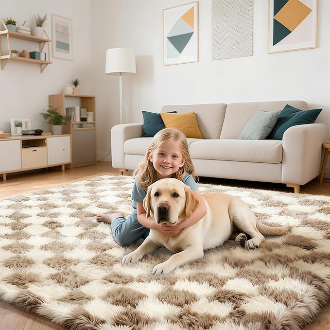 Checkered Rug for Living Room, 6x9 Beige and White Area Rugs, Classic Checkered Carpets Shaggy Area Rug, Bedside Rugs for Living Room Bedroom Kids Room Home Decor