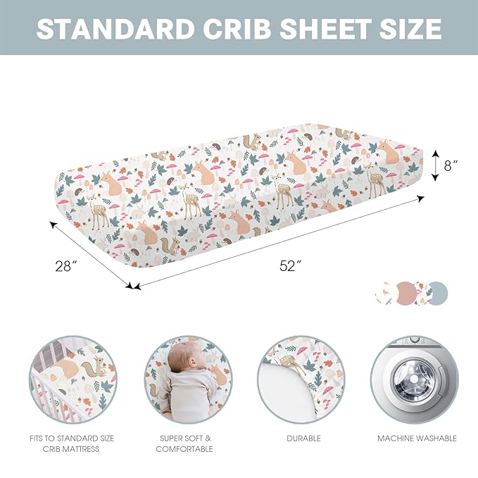 Bimocosy Crib Sheets 4 Pack, Baby Crib Sheets Fitted for Boys and Girls Breathable & Snug Fit, Soft Toddler Bed Sheets for Standard Crib Mattress Nursery Daycare Essentials, Forest Friends