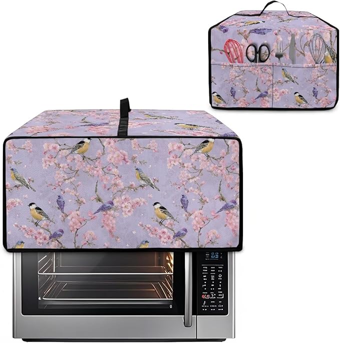 Dust-Proof Microwave Oven Grill Cover Protector Cherry Blossom Robin Bird Print Polyester-Linen Fabric Toaster Oven Dust Cover with Storage Bags Case Protections for Microwave Oven, L