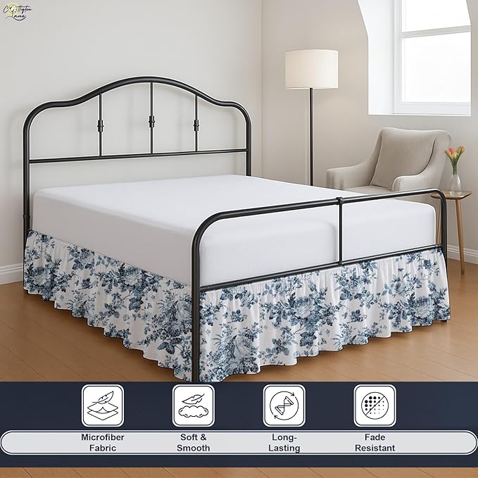 Cottington Lane Ruffled Bed Skirt King Size with Split Corner, Brushed Microfiber Hotel Quality Dust Ruffle, 14 Inch Drop Gathered Bedskirt, Soft, Stylish, Shrink & Fade Resistant, Blue Floral Bliss