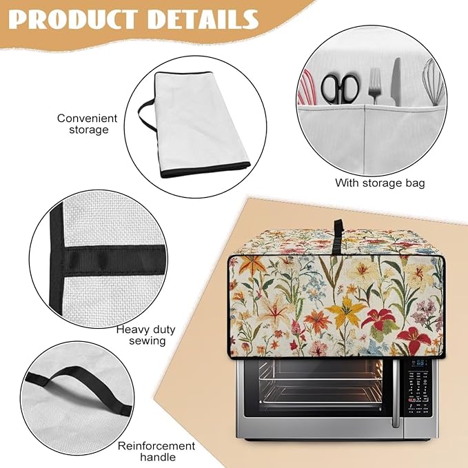 Toaster Oven Cover with Pockets, Washable Smart Oven Dust Cover Protective Kitchen Appliances Decor and Accessories, L, 18.5" x 22.5" x 13", Floral Pattern