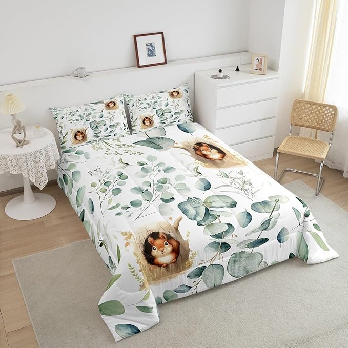 Erosebridal Kawaii Squirrel King Size Comforter Set for Boys Girls Cartoon Animal Bedding Set, Eucalyptus Leaves Down Comforter Jungle Wildlife Bed Set, Tropical Botanical Plants Quilted Duvet
