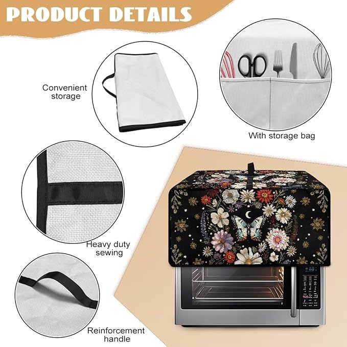 Waterproof Microwave Oven Cover Polyester-Linen Dust Cover for Microwave Oven Foldable Kitchen Machine Covers with Storage Pockets, Butterfly Daisy Floral Plant Moon Print, S