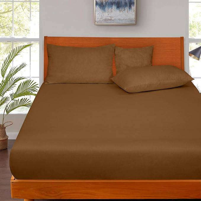 ROYALE LINENS 300 Thread Count 100% Long Staple Combed Cotton Fitted Sheet Twin - Super Soft Deep Pocket Bottom Sheet - Fitted Sheets Only - Elastic Sheets (Twin, Chocolate)