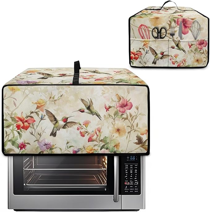 Convection Toaster Oven Cover Decorative Dustproof Convection Microwave Oven Cover with Storage Pockets for Kitchen Countertop, L, 18.5 x 22.5 x 13 Inches, Retro Hummingbird Floral