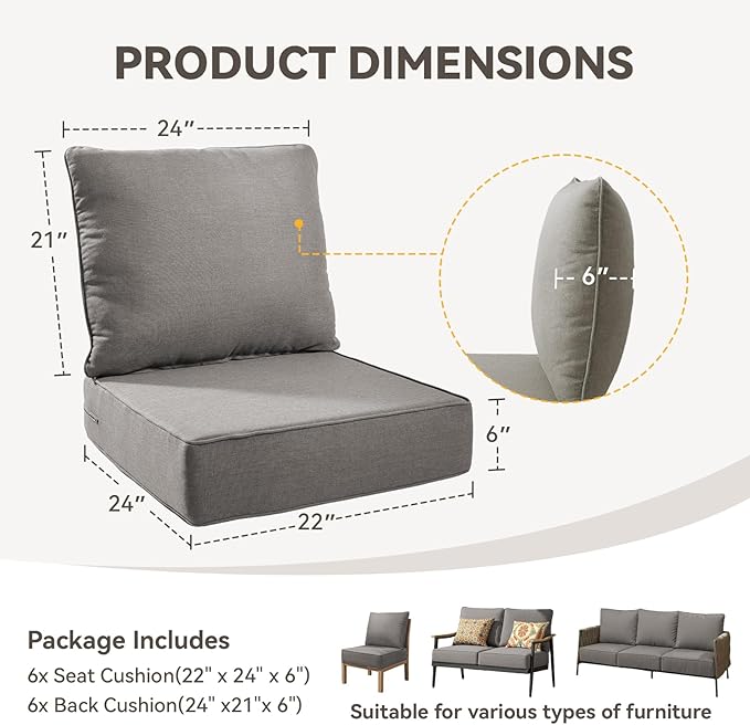 Outdoor Cushion Set for Furniture Patio Furniture, UV Resistant, Water Resistant - 6 Inch Thick Foam Garden Cushions– 22x24 Inch Patio Seat Covers for Chair/Sofa/Couch | Grey | 6-Pack |