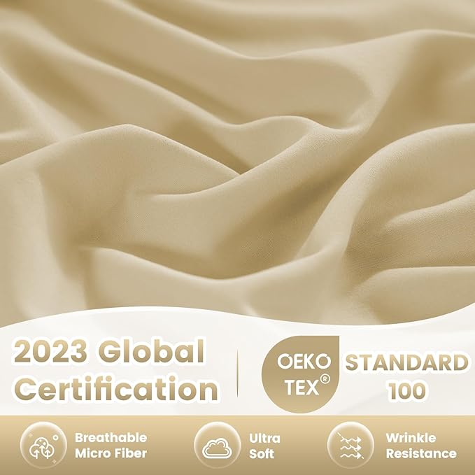 Holtel Luxury Twin Sheet Set - 3 Piece Soft Microfiber Sheets for Twin Size Bed, 16" Deep Pocket Easy Care Wrinkle Free Cooling Bedding Sheet and Pillowcase Set, Beige