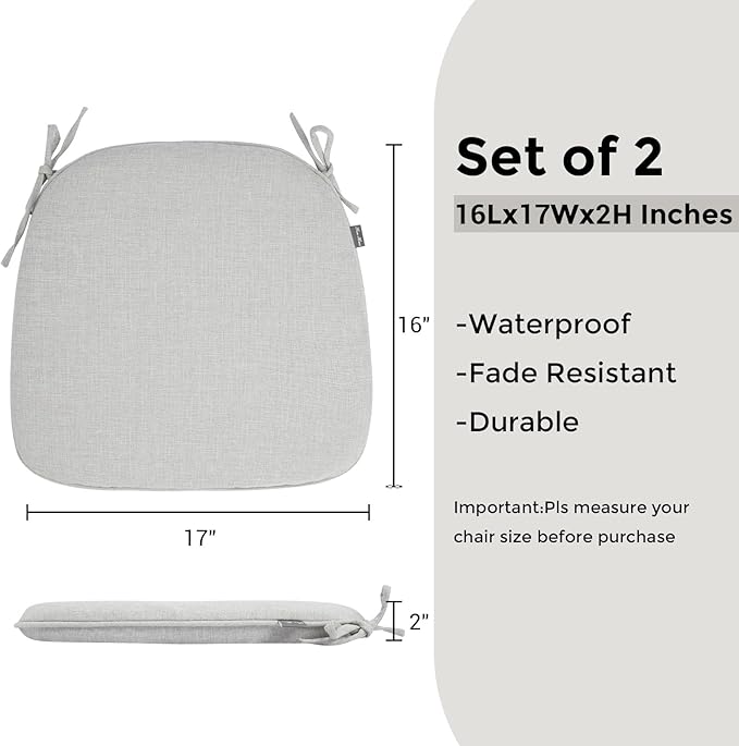 Outdoor Chair Cushions Set of 2,Patio Seat Cushion 17"x16"x2",U-Shaped Dining Chair Cushion 17 by 16 Inch,Water Resistant,Fade-Resistant Chair Pads for Kitchen Garden Furniture(White Gray)