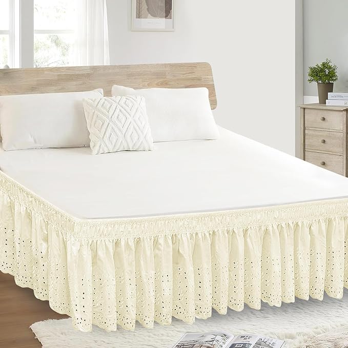 Twin Bed Skirt, Wrap-Around Elastic Ruffled Eyelet Bed Skirt Twin Size Dust Ruffle with Gathered Styling and Embroidered Details, 18" Drop Length (Light Yellow)
