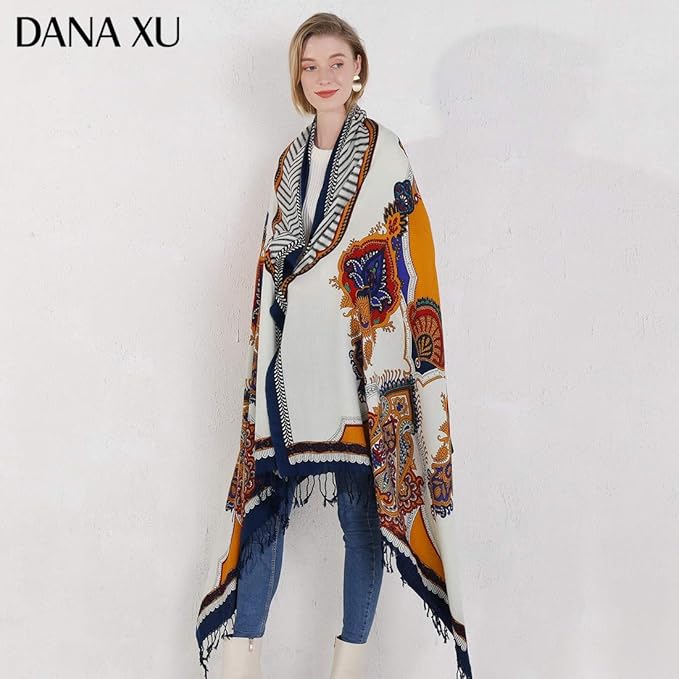 DANA XU 100% Merino Wool Extra Large Pashmina Blanket Travel Scarf Cashmere Wrap for Women Fall Winter Oversize Shawl Floral