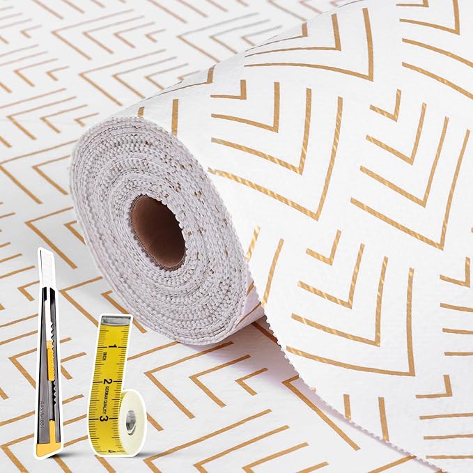 Shelf Liner for Kitchen Cabinets Non Adhesive Drawer Liner Non-Slip Thickened Shelf Liner Paper Strong Easy to Clean for Tool Box Refrigerator with Knife and Tape Measure, Gold Arrow,17.3 x 236.2 in