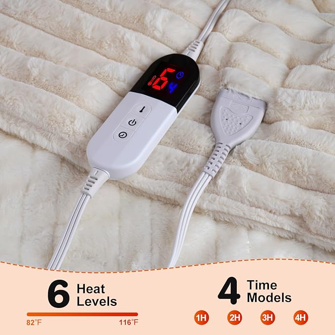 Heated Electric Blanket Throw: 6-Level Fast Heating, 4-Hour Auto-Off, Soft&Warm Stripe Faux Rabbit Fur, for Couch Home Office, with Overheating Protection & ETL Certified(50 x 60,Milky White)
