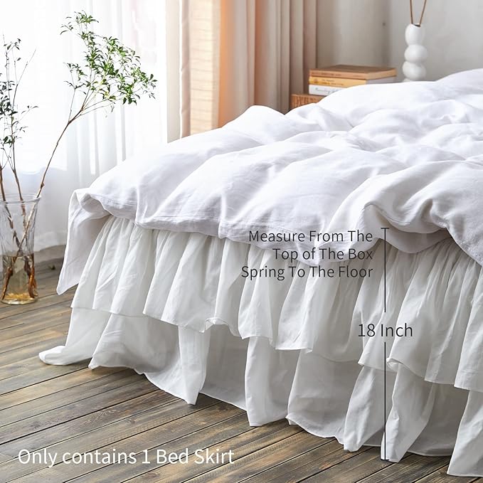 BISELINA White Ruffled Bed Skirt 18-Inch Tailored Drop Cotton Voile Dust Ruffle Soft Cozy Elegant Luxurious Bedding (18" Queen, White)
