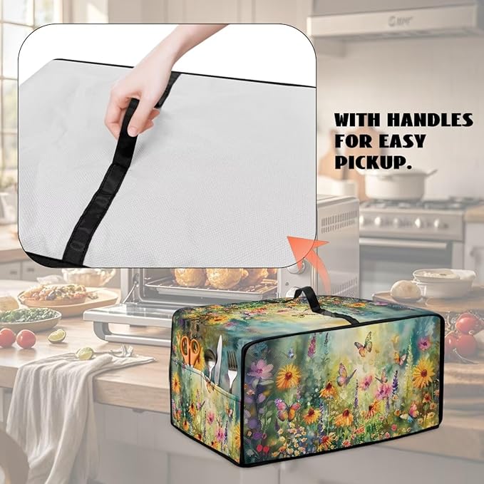 Microwave Oven Dust Cover with Storage Bags Waterproof Microwave Oven Grill Cover Protector Universal Reusable Decor Accessories for Kitchen, Vintage Daisy Sunflower Floral Butterfly Print, M