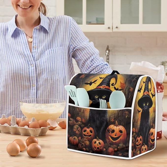 Halloween Mixer Covers - Black Cat Pumpkin Indoor Kitchen Decorations, Polyester Dustproof Cover with Pockets, Compatible with 6-8 Quart Stand Mixer