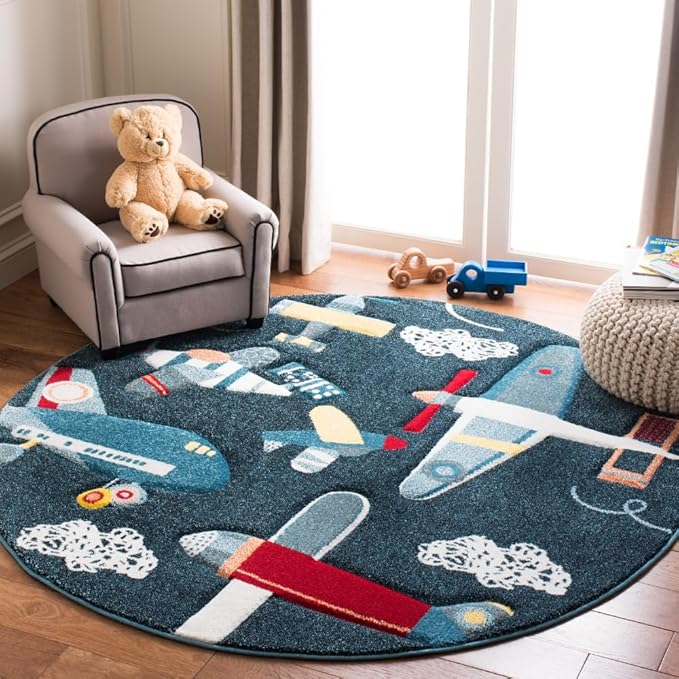 SAFAVIEH Carousel Kids Collection 5'3" Round Navy/Ivory CRK167N Airplane Nursery Playroom Area Rug