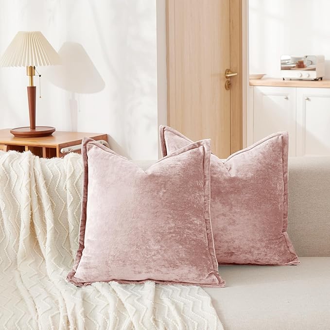 Luxurious Velvet Throw Pillow Covers 20x20 Set of 2 Decorative Pillow Covers Solid Square Cushion Case for Sofa Couch Bedroom Farmhouse, Pink