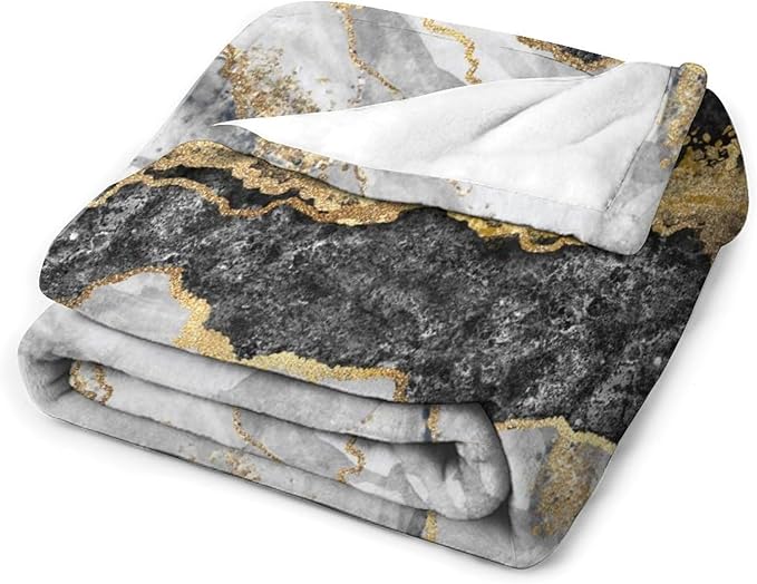 Modern Marble Blanket, Abstract Luxury Baroque Golden Black White Stone Veins Pattern Soft Warm Cozy Plush Flannel Covers for Livingroom Bedroom Couch Chair Camping Travel Home Decor Tapestry 50x60in