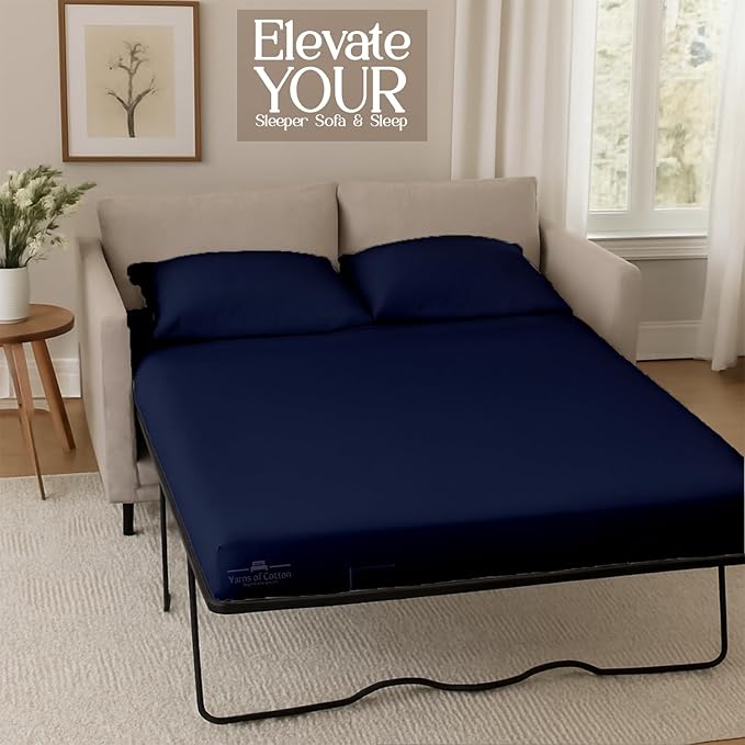 Sleeper Sofa 4 Piece Bed Sheet Set Premium Quality 100% Cotton 500 Thread Count, Smooth & Super Soft Sateen Weave, Extra Soft Bed Sheets, Wrinkle Free, 8 Inch Deep Pocket (Twin, Navy)