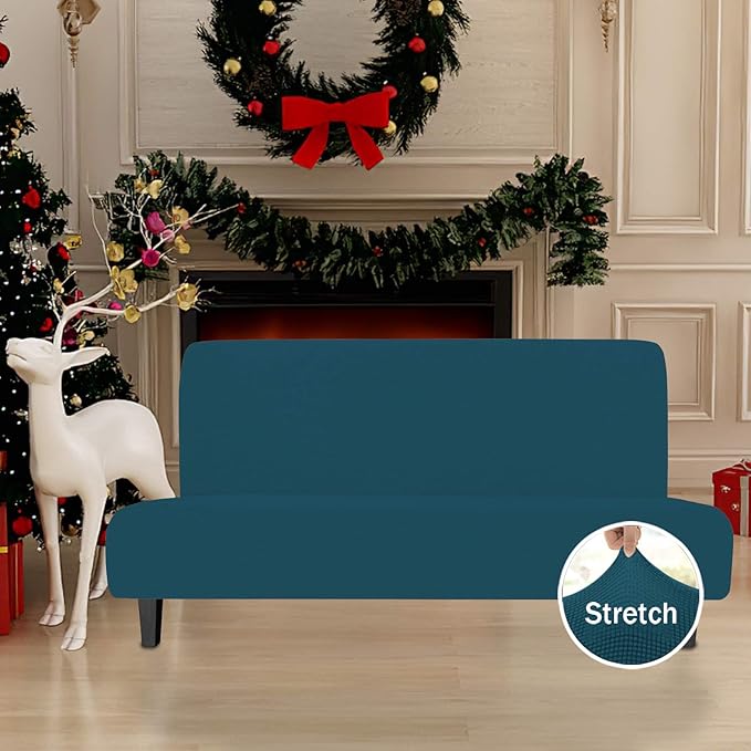 Easy-Going Stretch Futon Slipcover Armless Futon Bed Cover Furniture Protector Without Armrests with Elastic Bottom for Kids, Soft Jacquard Fabric Small Checks (Large, Peacock Blue)