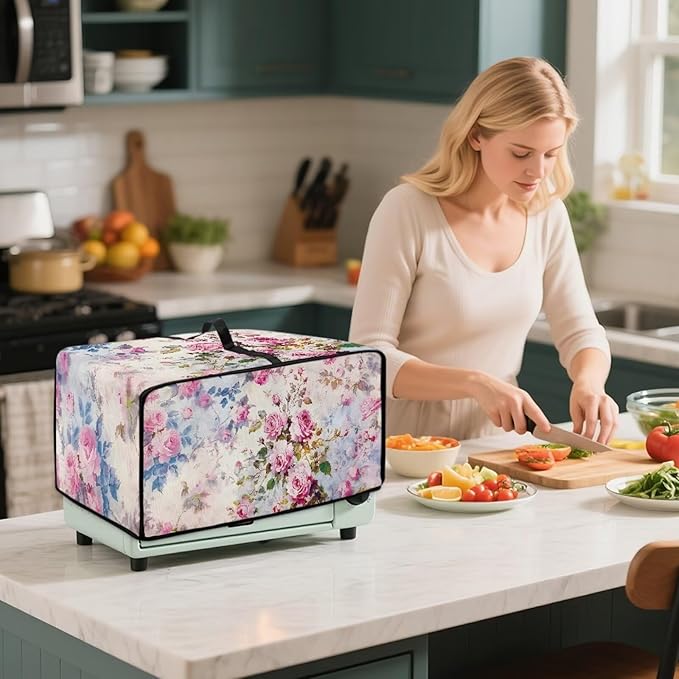 Toaster Oven Dust Cover with Pockets, Stain-resistant Kitchen Electrical Appliance Cover Countertop Ovens Decorations, L, 18.5" x 22.5" x 13", Retro Rose Pink