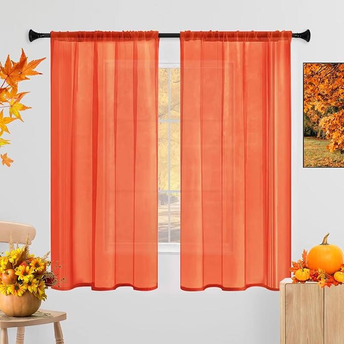 Sheer Curtains 45 Inches Long 2 Panels, Rod Pocket Short Curtain for Kitchen, Bedroom, Cafe Window(Burnt Orange 38" W x 45" L)