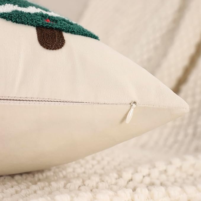 LUOYEHK Christmas Pillow Covers 18x18 Set of 2 Christmas Tree Decorative Beige Pillow Cases Winter Holiday Velvet Embroidered Cushion Covers for Couch Sofa Bed