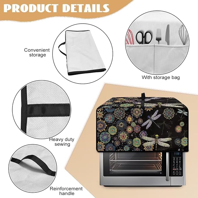 Boho Mandala Dragonfly Print Toaster Oven Cover Dust-Proof Microwave Oven Cloth Cover with Storage Pockets Waterproof Kitchen Machine Covers Case Protections Protector, L