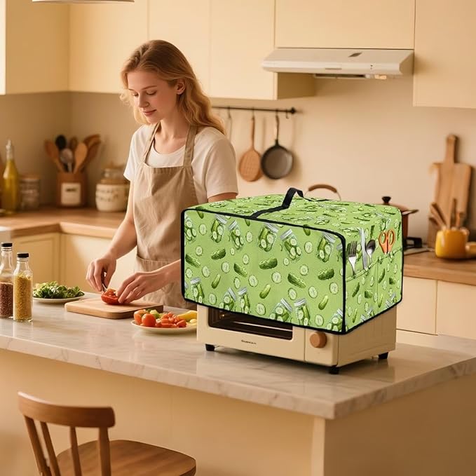 Toaster Oven Dust Cover with Storage Pockets, Dust-Proof Kitchen Appliance Protector for Small Appliances Convection Ovens, S, 14.5 x 18.5 x 9 Inches, Cucumber Print Green