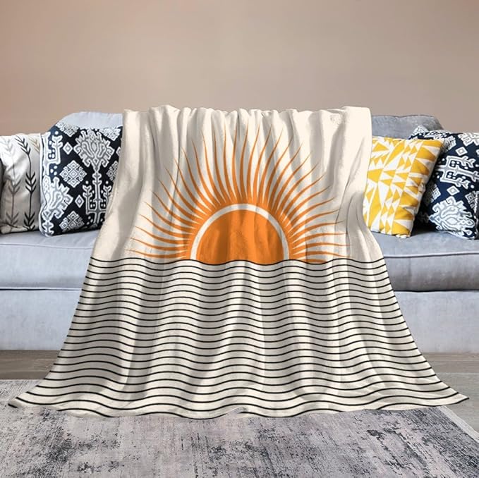 Abstract Sunset Throw Blanket, Boho Mid Century Geometric Minimalist Aesthetic Wave Sunrise Soft Warm Blankets for Couch Bedroom Sofa Office, 30"x40"