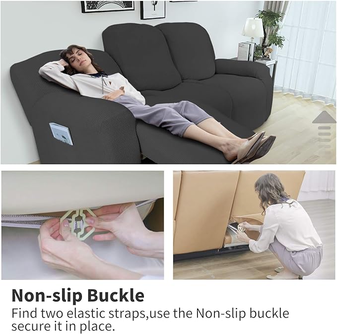 Easy-Going 6 Pieces Recliner Loveseat Stretch Sofa Slipcover Sofa Cover Furniture Protector Couch Soft with Elastic Bottom Kids, Spandex Jacquard Fabric Small Checks Dark Gray