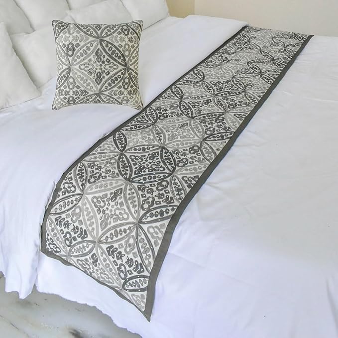 The HomeCentric King/Queen/Twin Gray Luxury CA King 86"x18" Bed Runner with Two Pillow Cover, Moroccan, Pearl, Geometric & Embroidered Bed Scarf on Embroidered Fabric - Meryem