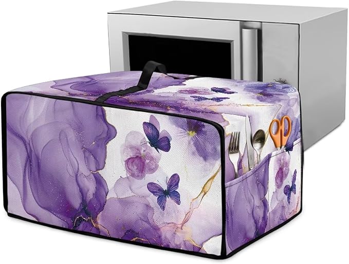 Countertop Microwave Oven Cover with Side Pockets, Dust Protection Small Appliance Toaster Ovens Dust Cover, M, 16.5 x 20.5 x 10 Inches, Violet White Marble Butterfly