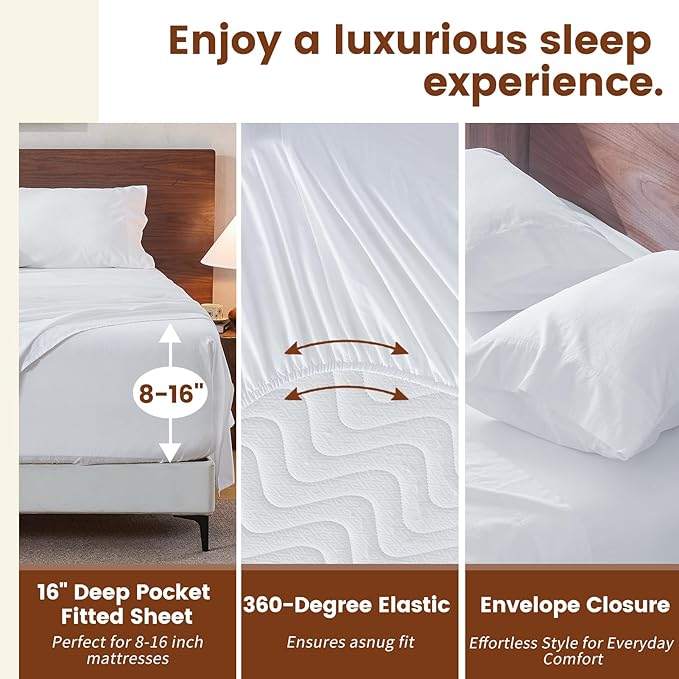 100% Linen Sheets King Size,Breathable & Durable 4-Piece Bed Flax Sheet Set,Soft All-Season Bedding for Hot Sleepers 16" Deep Pocket Oeko-TEX Certified,（King, White）