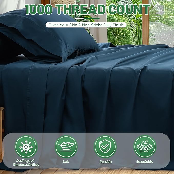 100% Egyptian Cotton Sheets King Size 4PCS 1000 Thread Count Sateen Weave Soft Breathable 16-Inch Deep Pocket （King,Navy）