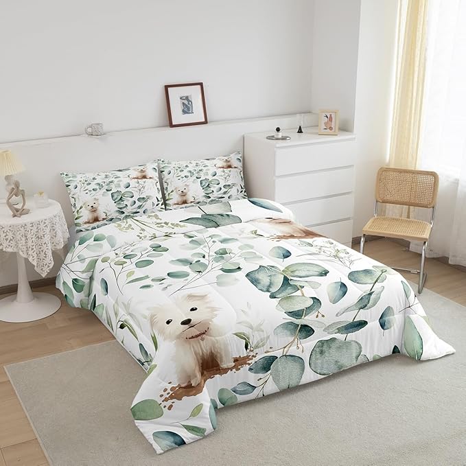 Erosebridal Cute Dog King Comforter Set for Kids Child Green Eucalyptus Bedding Set King, Pet Animal Bedding Comforter Sets Botanical Plant Leaves Duvet Set, Cartoon Pug Puppy Quilted Comforter