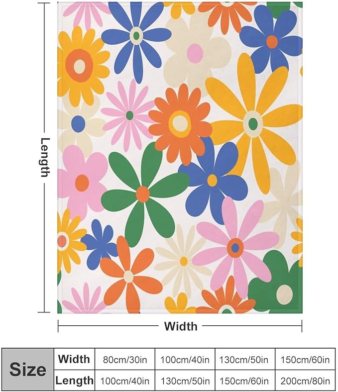 70s Retro Flower Throw Blanket, 60s Vintage Groovy Daisy Flowers Boho Hippie Bright Colorful Floral Print Blanket for Couch Chair Sofa Bed Dorm Bedroom Home 50"x60"