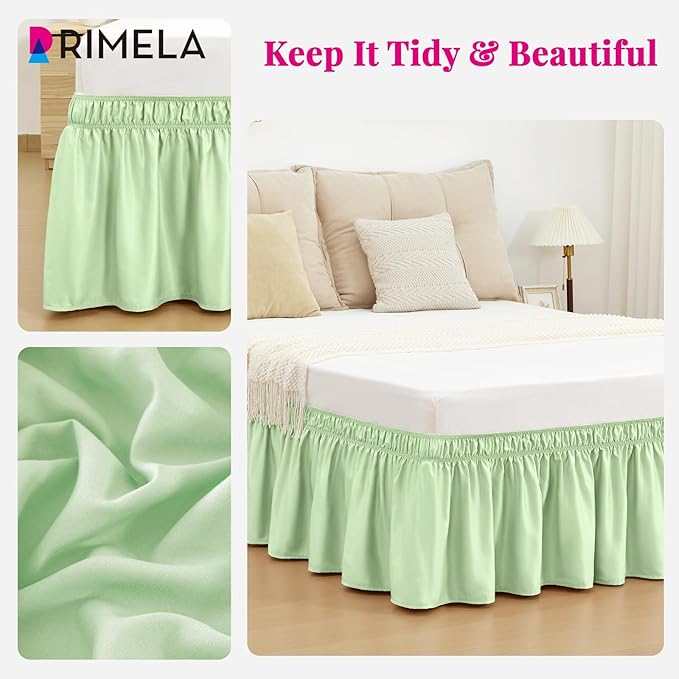 RIMELA Bed Skirt Queen Size Baby Green 15 Inch Drop, Wrap Around Elastic Bedskirt, Dust Ruffle for Adjustable Bed Base Soft Durable Fabric Machine Washable Easy to Install Bed Skirts