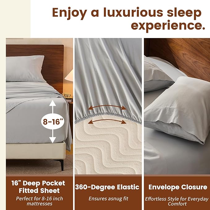100% Linen Sheets King Size,Breathable & Durable 4-Piece Bed Flax Sheet Set,Soft All-Season Bedding for Hot Sleepers 16" Deep Pocket Oeko-TEX Certified,（King, Grey）