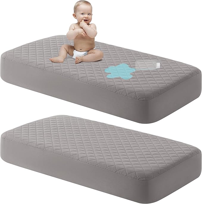 NTBAY 2 Pack Waterproof Crib Mattress Protector, Quilted 28"x52" Toddler Fitted Sheet - Machine Washable - Soft and Breathable Mattress Pad Cover for Crib, Nursery, Daycare, Cot, Smoke Grey