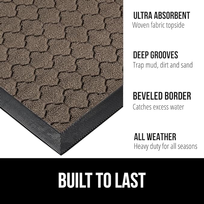 GORILLA GRIP 100% Waterproof All-Season WeatherMax Doormat 35x23, US Designed Natural Rubber, Stain and Fade Resistant, Low Profile Indoor Outdoor Door Mats, Easy Clean Patio Mat, Beige Quatre