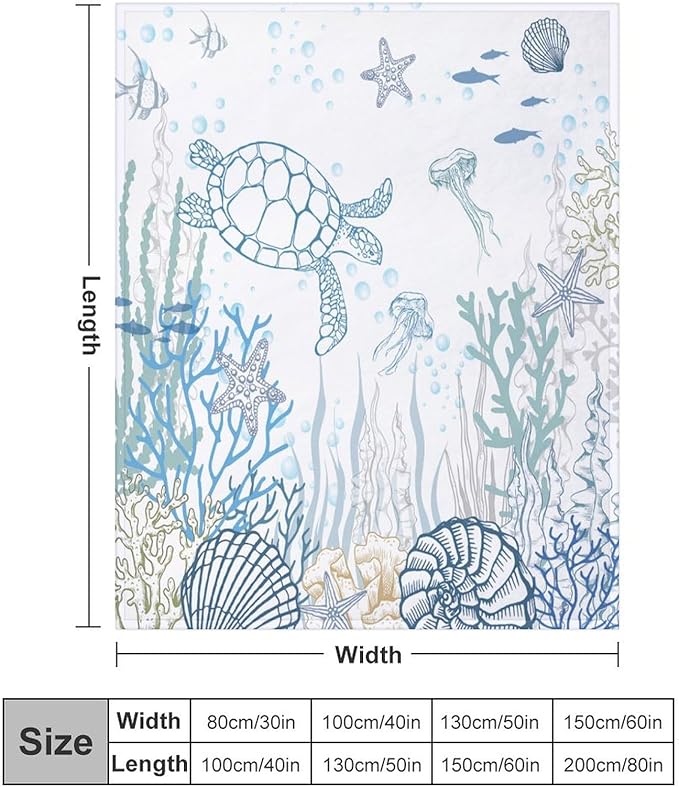 Nautical Turtle Throw Blanket, Coastal Sea Ocean Theme Coral Starfish Seashell Jellyfish Undersea Life Fleece Blanket for Summer Home Bed Sofa Couch Chair, 40"x50"