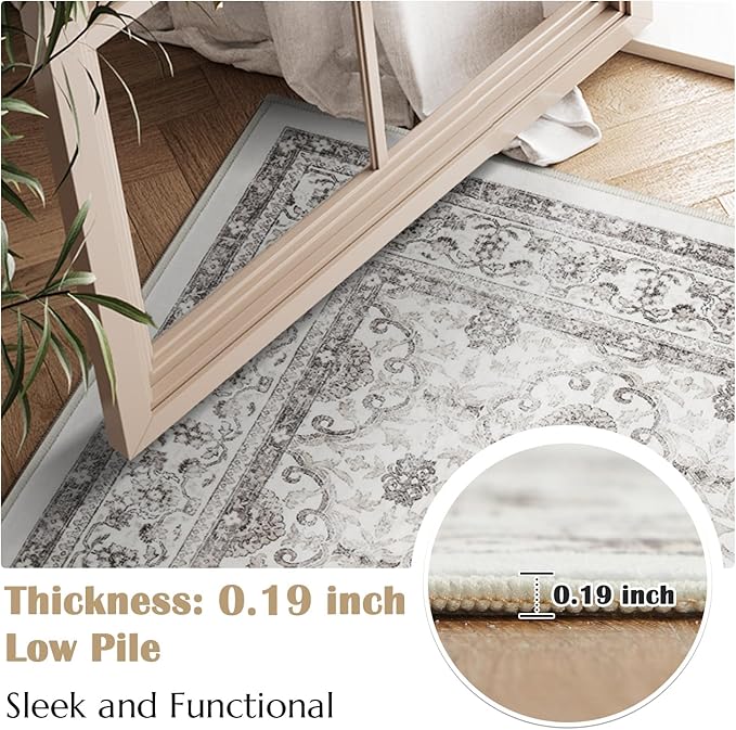 jinchan Floral 3x5 Area Rugs for Entryway - Beige Vintage Distressed Design Doormat Non-Slip Ultra-Thin Low Pile Boho Rug for Kitchen Living Room Bedroom Farmhouse (3‘x5', Beige)