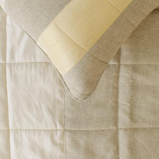 The HomeCentric King/Queen/Twin Beige Decorative Full 68"x18" Bed Runner with 2 Pillow Cover, Color Block, Patchwork, Quilted, Silk, Linen & Striped Bed Scarf on Linen & Silk Fabric - Alikka