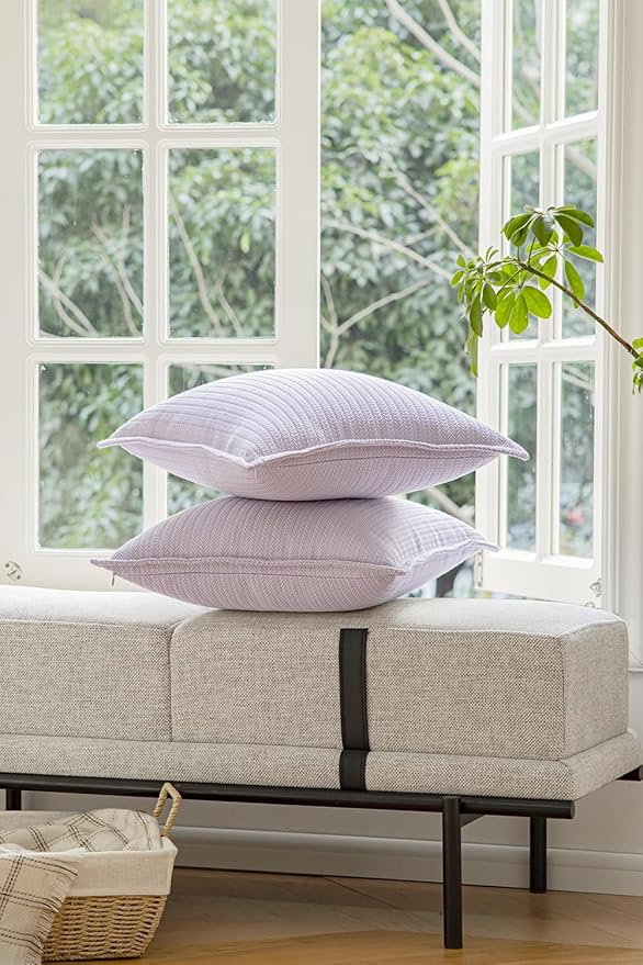 Set of 2 Cozy Striped Herringbone Flange Throw Pillow Covers, Aesthetic Embossed Pattern Pillow Covers for Couch and Bed - 20"x20", Languid Lavender