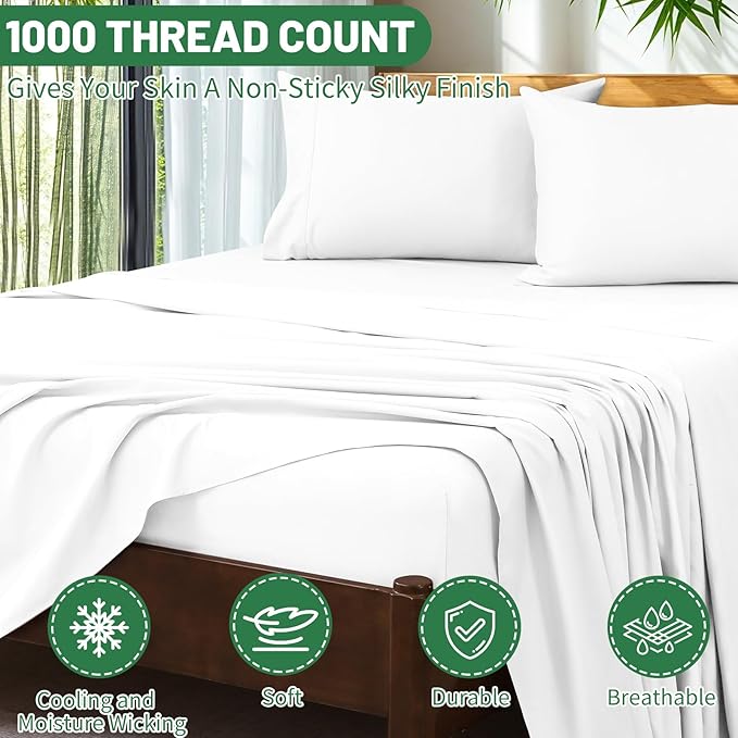 Extra Deep Pocket California King Sheets 18-24 Inch 100% Egyptian Cotton 1000 Thread Count Sateen Weave Soft Breathable 4 Pieces（California King,White）
