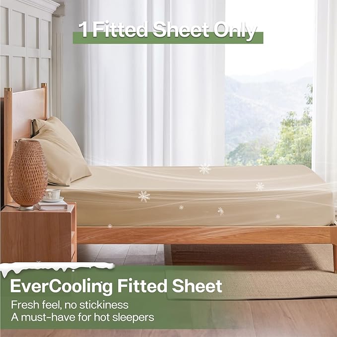 MR&HM Twin XL Fitted Sheet Only, Ultra-Soft Rayon Derived from Bamboo & Polyester Blend, Silky & Breathable, 15" Deep Pocket with Elastic Straps, Cooling Fitted Sheet for Hot Sleepers, Beige