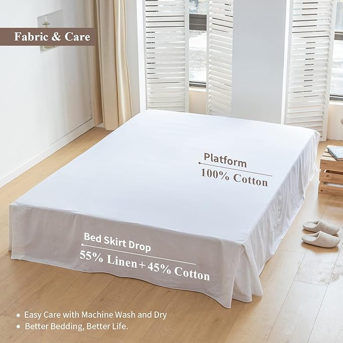 BISELINA French Linen Bed Skirt with Pleated Corner 14-Inch Tailored Drop Natural Flax Cotton Blend Basic Dust Ruffle Soft Cozy Farmhouse Bedding (14" Full, Basic White)