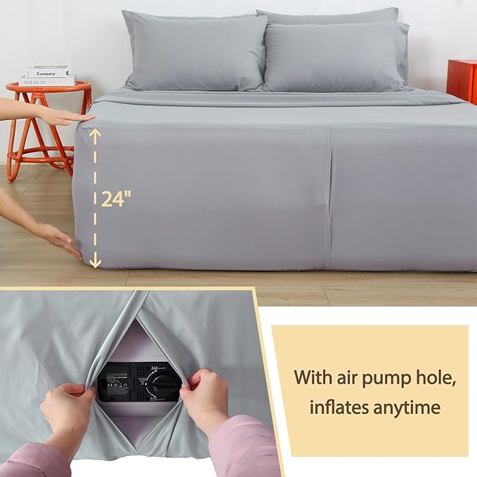 Air Mattress Sheet Set Twin Size,3 Piece Deep Pocket Bed Sheet Set for 16-24 Inch Air Bed,Easy Inflate Access,Perfect for Guest Room, RV, Camping,Gray
